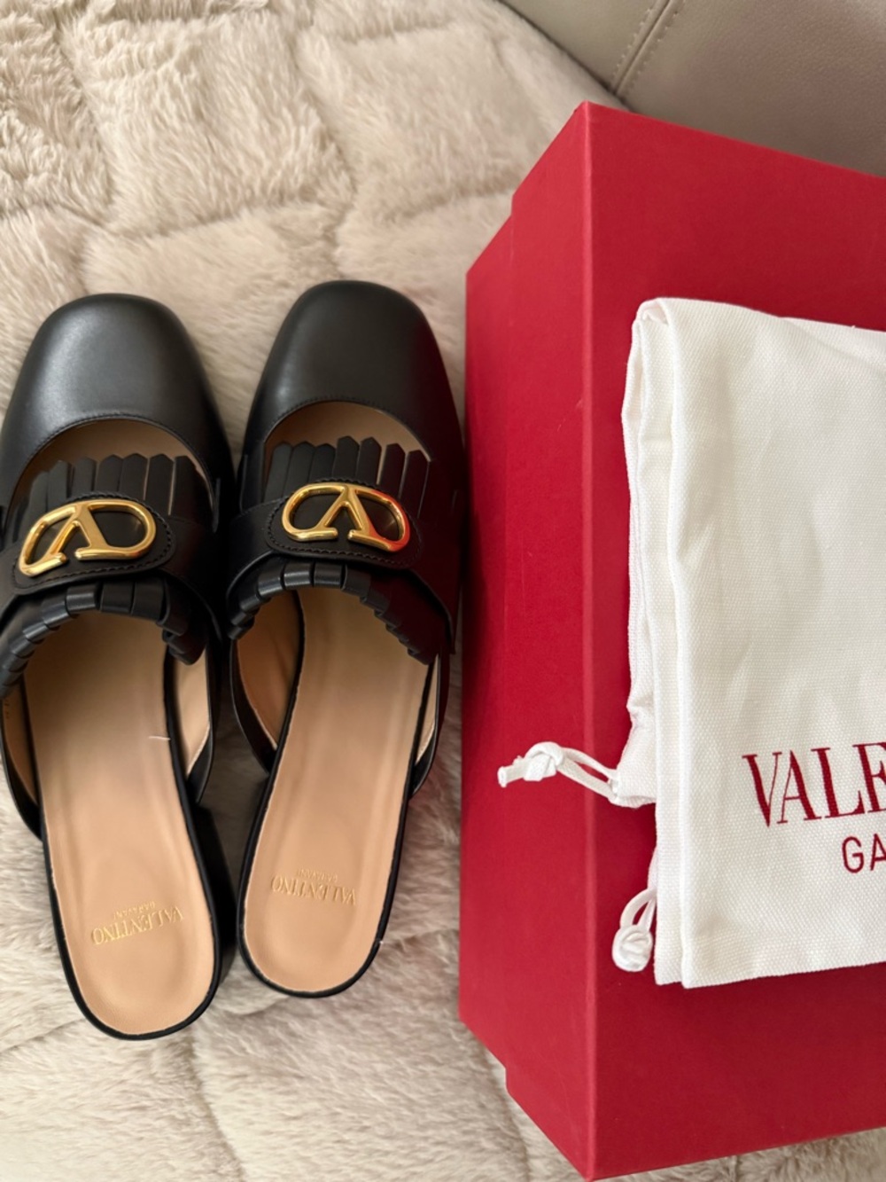 Valentino Garavani Black Leather Gold V-Logo Fringe Mules